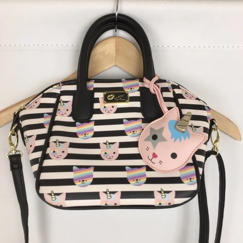 Luv Betsey Betsey Johnson Unicorn Cat Satchel Purse Bag Black White Stripe Small